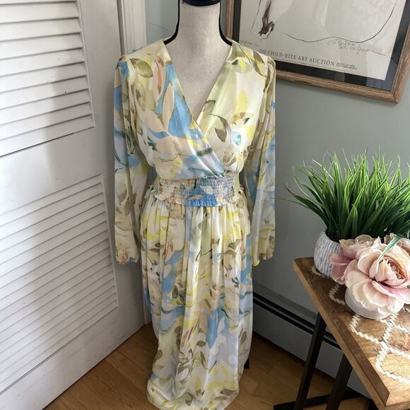 LAUNDRY SHELLI SEGAL Dress Womens 4 Yellow Floral Maxi Smocked Chiffon Feminine - Picture 1 of 11